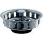 A stainless steel sink strainer with a black base on a white background.