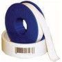 A roll of blue and white tape with a barcode on it.