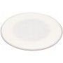 A white plate with a silver rim on a white background.
