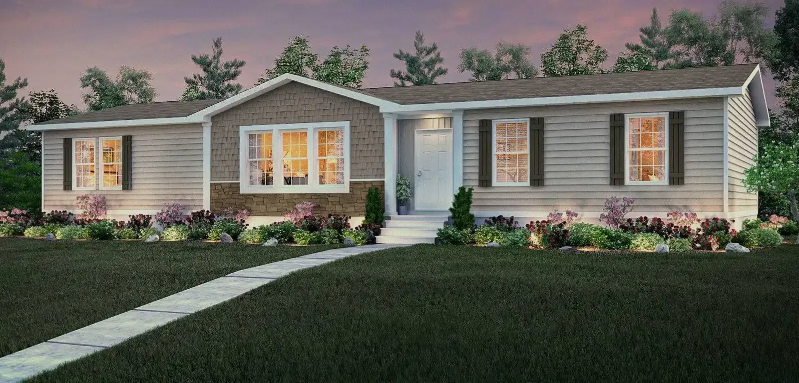 An artist 's impression of a mobile home with a walkway leading to it.