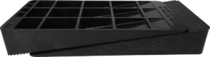 A black box with a zipper is sitting on a table.
