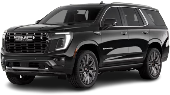Black GMC Yukon SUV, front view, outdoors.