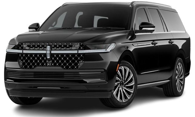 Black Lincoln Navigator SUV parked, front view.