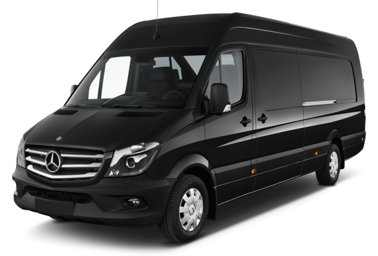 Black Mercedes-Benz Sprinter van, parked on a surface, side view.