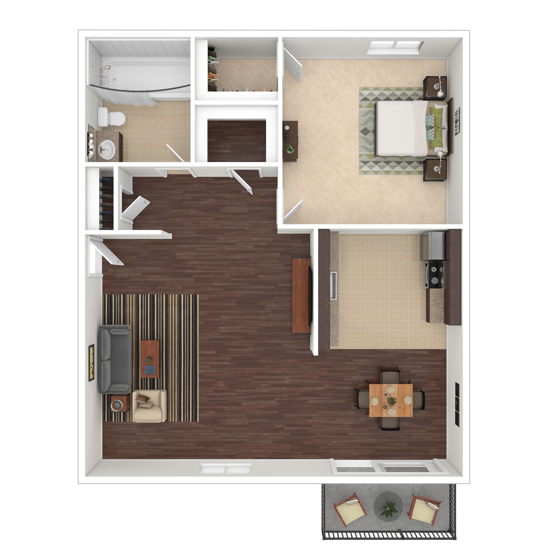 Floor plan of a one-bedroom apartment. Includes bedroom, bathroom, living area, kitchen, and balcony.