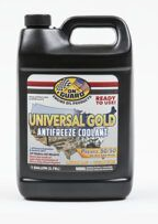 Black jug of Universal Gold antifreeze/coolant with a handle and yellow label.