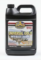 Black jug of Universal Gold antifreeze/coolant with handle and label on white background