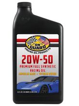 AMSOIL 20W-50 premium full synthetic racing oil bottle with blue sports car graphic
