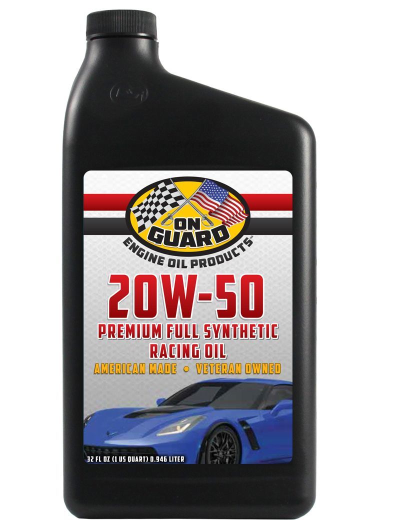 Black bottle of Amsoil 20W-50 premium synthetic racing oil with blue car graphic and red label