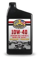 Black bottle of Guard 10W-40 premium full synthetic motor oil with motorcycle graphic on label
