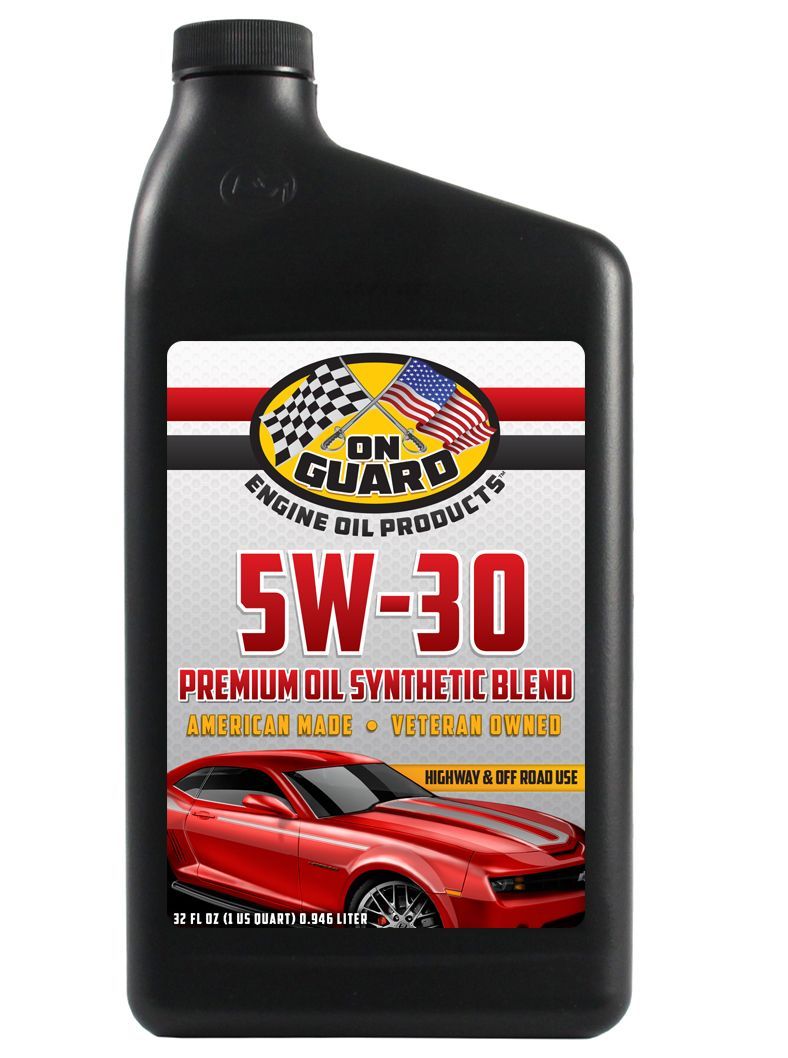 Black bottle of On Guard 5W-30 premium full synthetic blend motor oil with red car label