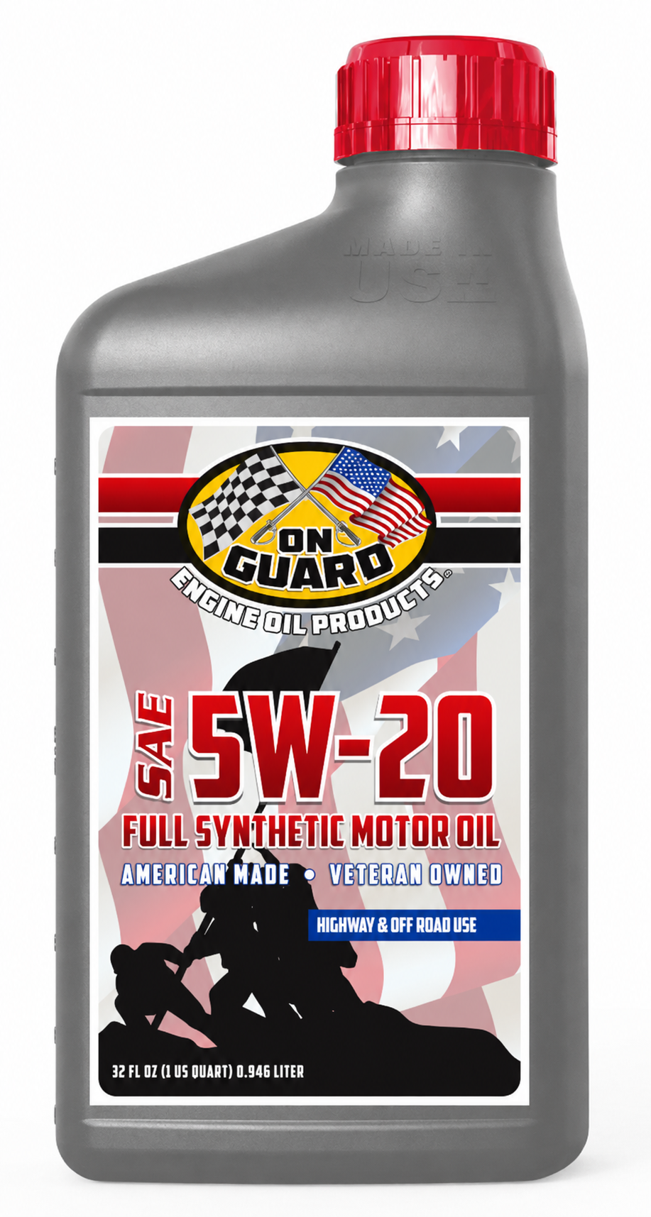 Grey Gun Guard 5W-20 fully synthetic motor oil bottle with red cap and racer graphic label