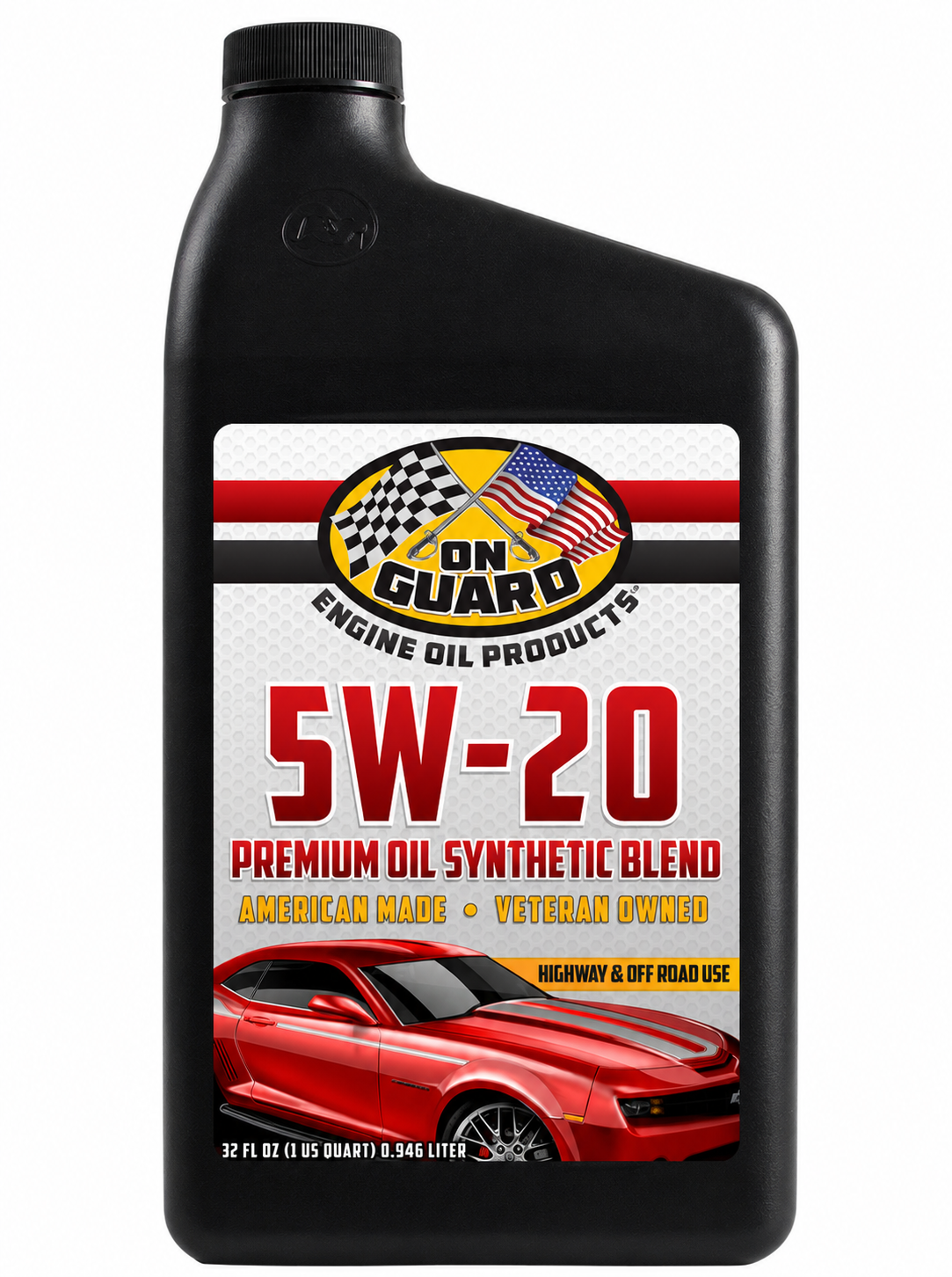 Black bottle of 5W-20 premium full synthetic motor oil with red sports car label