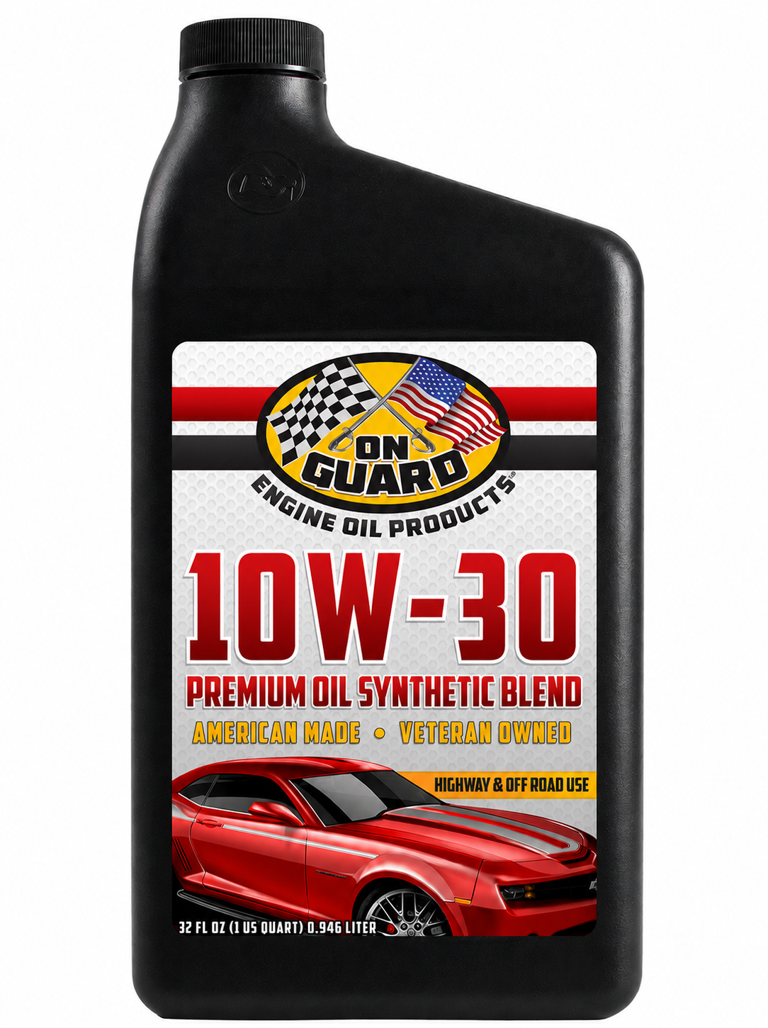 Black bottle of DuraGuard 10W-30 premium synthetic blend motor oil with red sports car label