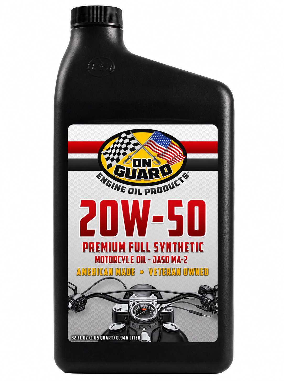 Black Dura Guard motorcycle engine oil bottle labeled 20W-50 with motorcycle graphic