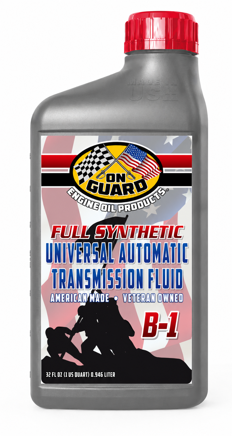 Bottle of red-capped transmission fluid labeled “Full Synthetic Universal Automatic Transmission Fluid.”