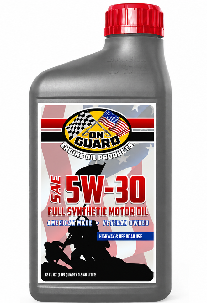 On Guard 5W-30 full synthetic motor oil bottle with red cap and gray label
