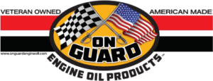 On Guard Engine Oil Products logo with American flag, racing checkered flag, and veteran-owned banner