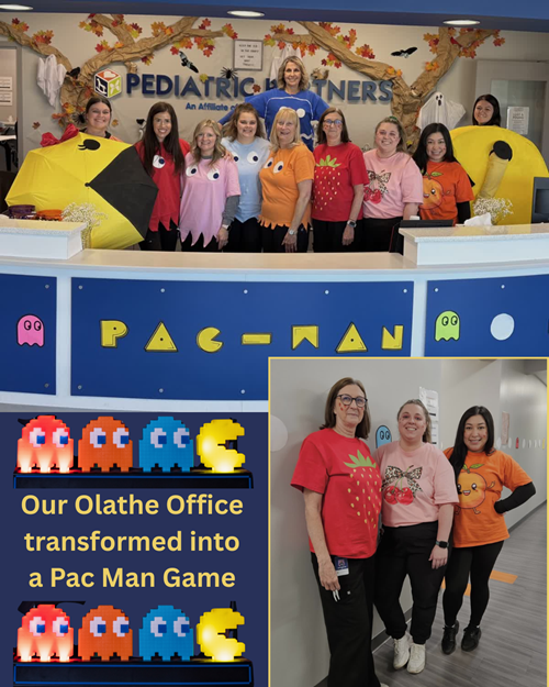 Staff at Pediatric Partners dressed in Pac-Man themed costumes for a creative office display in Olathe.