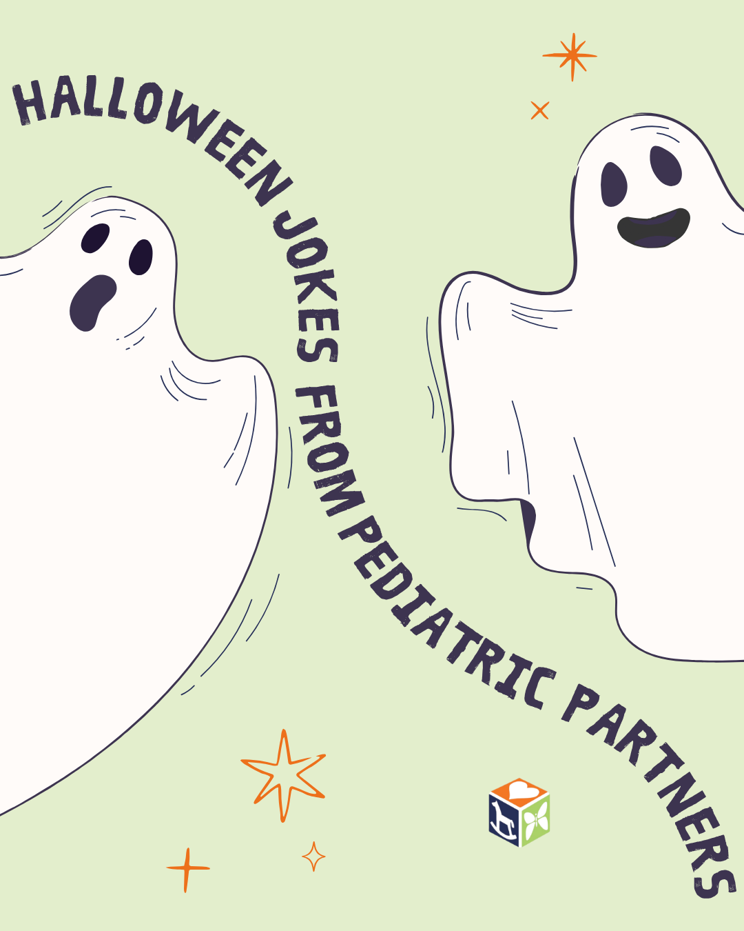 Halloween-themed ghosts with curved text reading “Halloween jokes from Pediatric Partners” on a pale green background