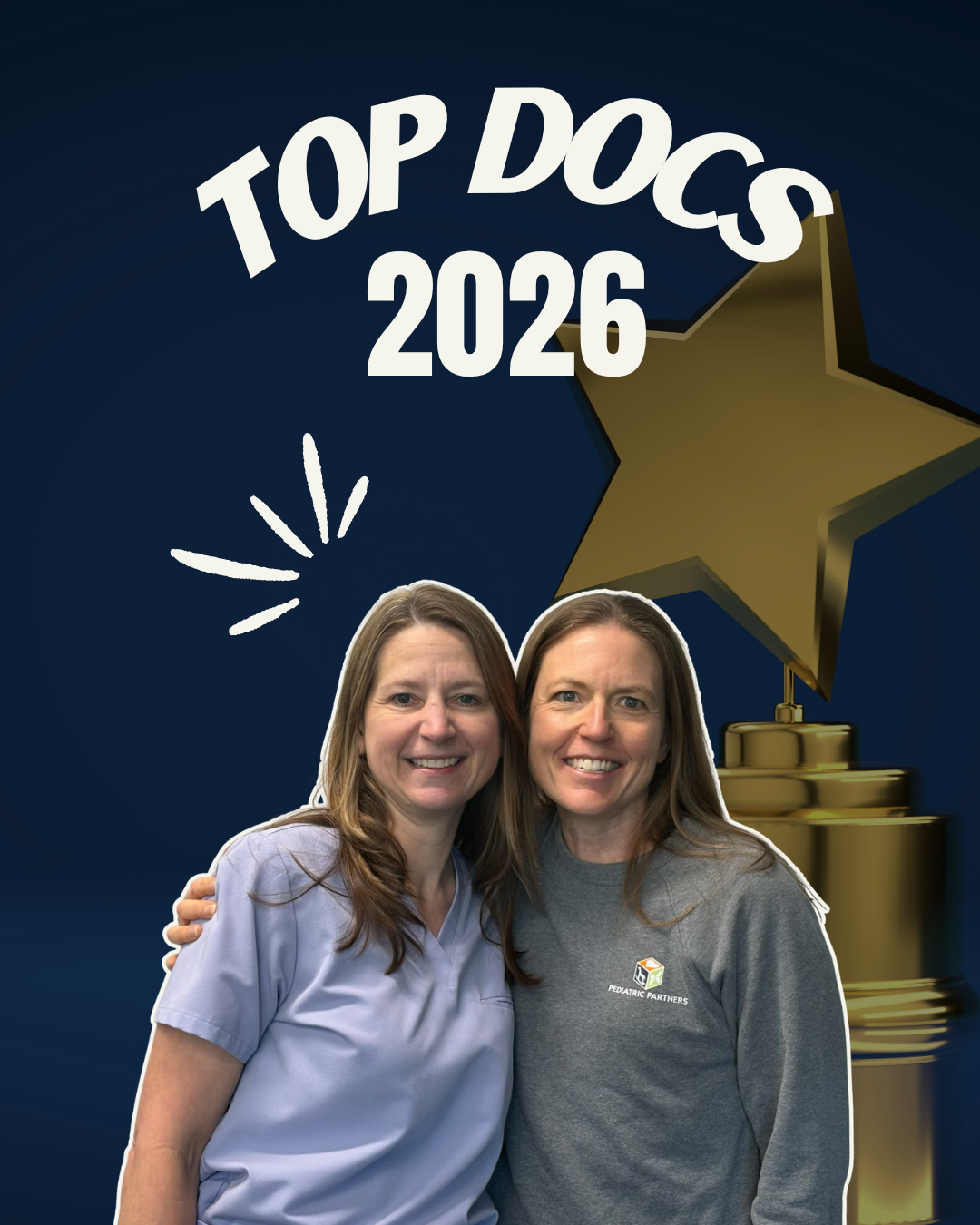 cut out picture of Dr Mellick and Dr Ratliff superimposed on a darkened picture of an award with a big gold star and the title reads top docs 2026
