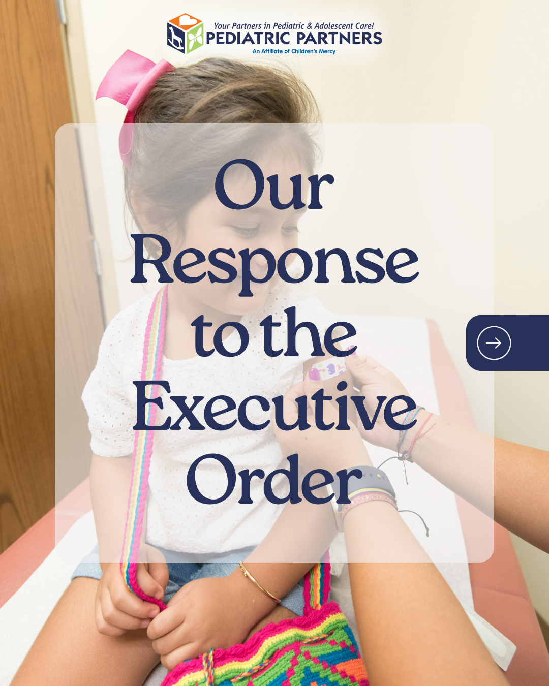 Our response to the executive order is overlying a picture of a young girl getting a bandaid after a vaccine.