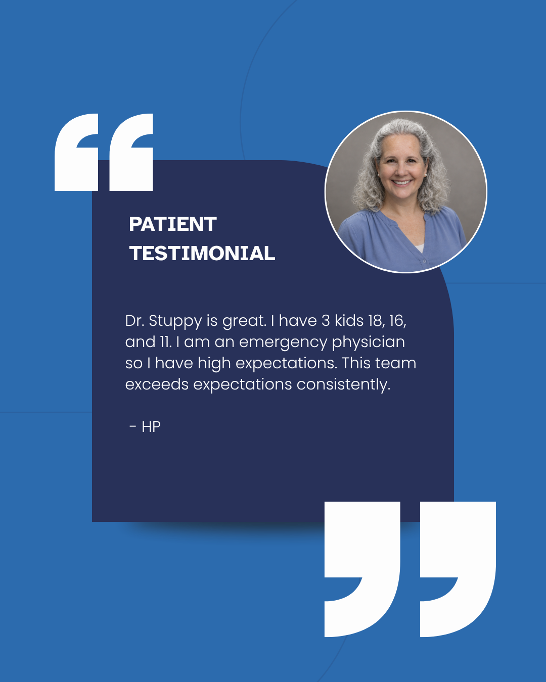 Blue patient testimonial card with white quotation marks and a small circular photo of a phone in hand. In the quote, it reads patient testimonial - The option of the walk in clinic in the mornings and late afternoons have been a blessing with having a kiddo in daycare w/ multiple illnesses over the last year. From the efficient kind staff at the check in desk to the nsg staff and the NPs giving such great care I feel as if we have been saved from many ER visits as they catch things quickly and give wonderful medical care. Highly recommend the OP office. Ashley Krstic