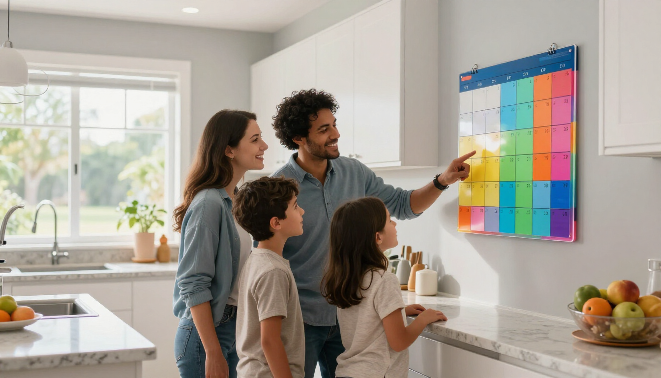 Family using a colorful wall calendar in a bright kitchen