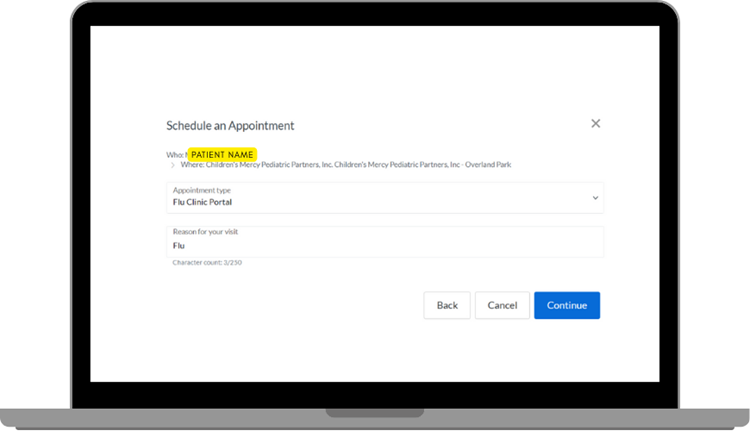 A laptop screen displays an appointment scheduling dialog box with fields for location and time, and a 'Continue' button.