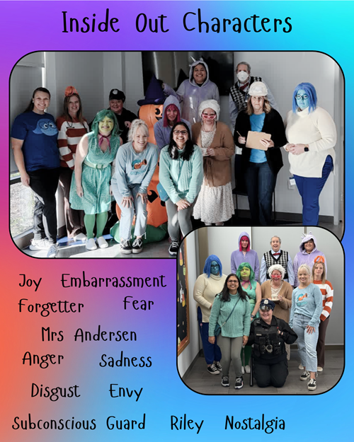 A collage of people dressed as Inside Out characters, with a list of character names below in a colorful, gradient frame.