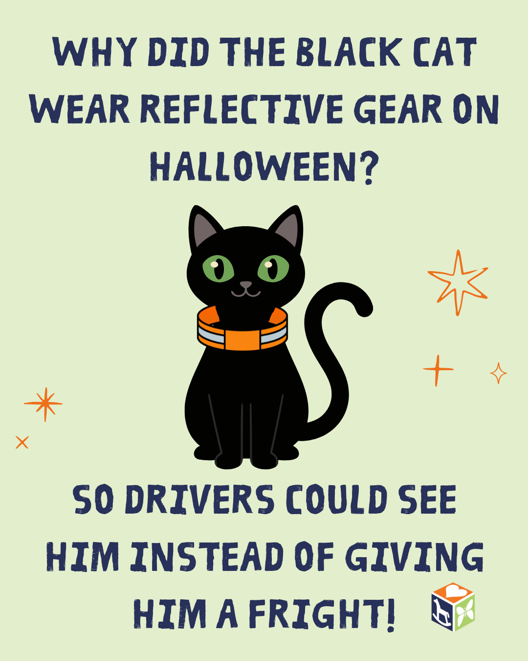 Black cat with reflective collar on Halloween; text says it helps drivers see him and avoid a fright.