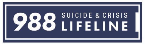 988 Suicide & Crisis Lifeline logo in white text on a dark blue background