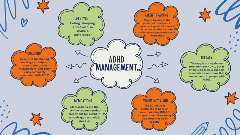 A mind map titled ADHD Management with clouds detailing lifestyle, parent training, coaching, therapy, medication, and support.