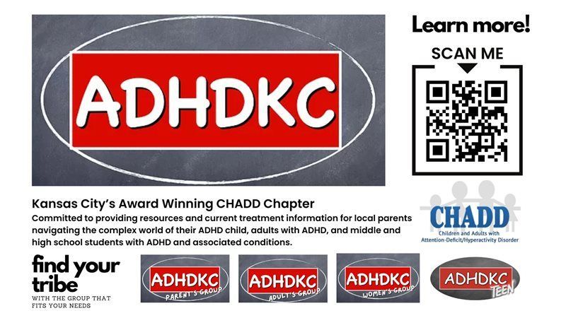 An ADHDKC flyer for a CHADD chapter in Kansas City, offering ADHD resources, with a QR code and 