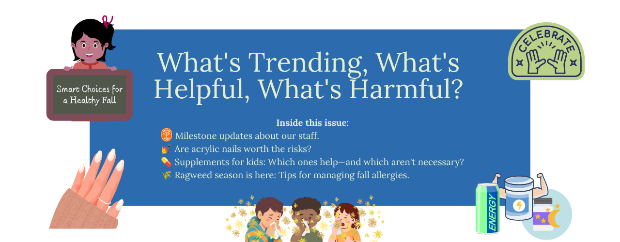 Blue infographic titled “What’s Trending, What’s Helpful, What’s Harmful?” with hands showing long decorated fingernails, icons for supplements, and cartoon kids sneezing and wiping their noses with pollen floating around.