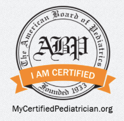 The American Board of Pediatrics certification logo featuring a circular seal and an orange 