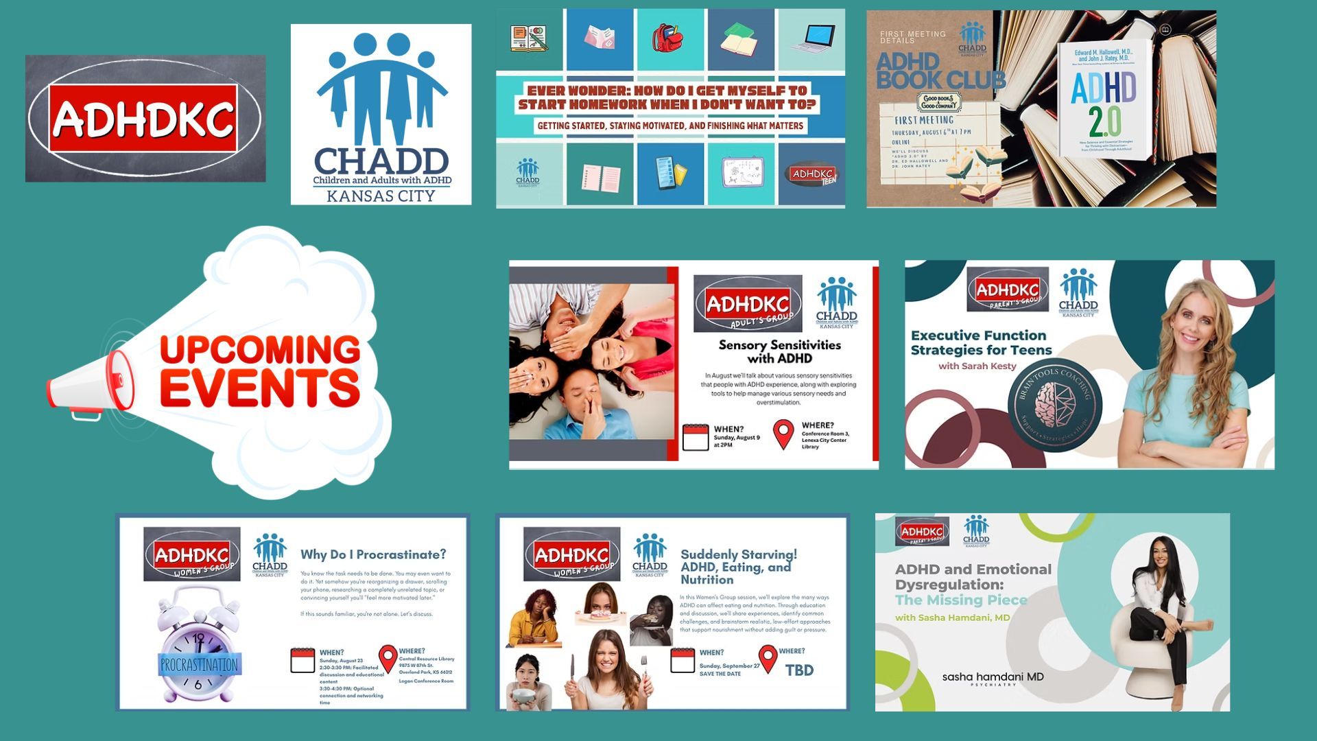 Collage of ADHDKC and CHADD event flyers on teal background, promoting upcoming events and programs