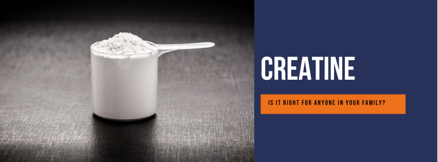 White creatine powder scoop on dark surface with bold “CREATINE” text on blue-orange background