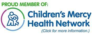 Logo for Children's Mercy Health Network featuring a stylized illustration of a person holding a child in a colorful circle.