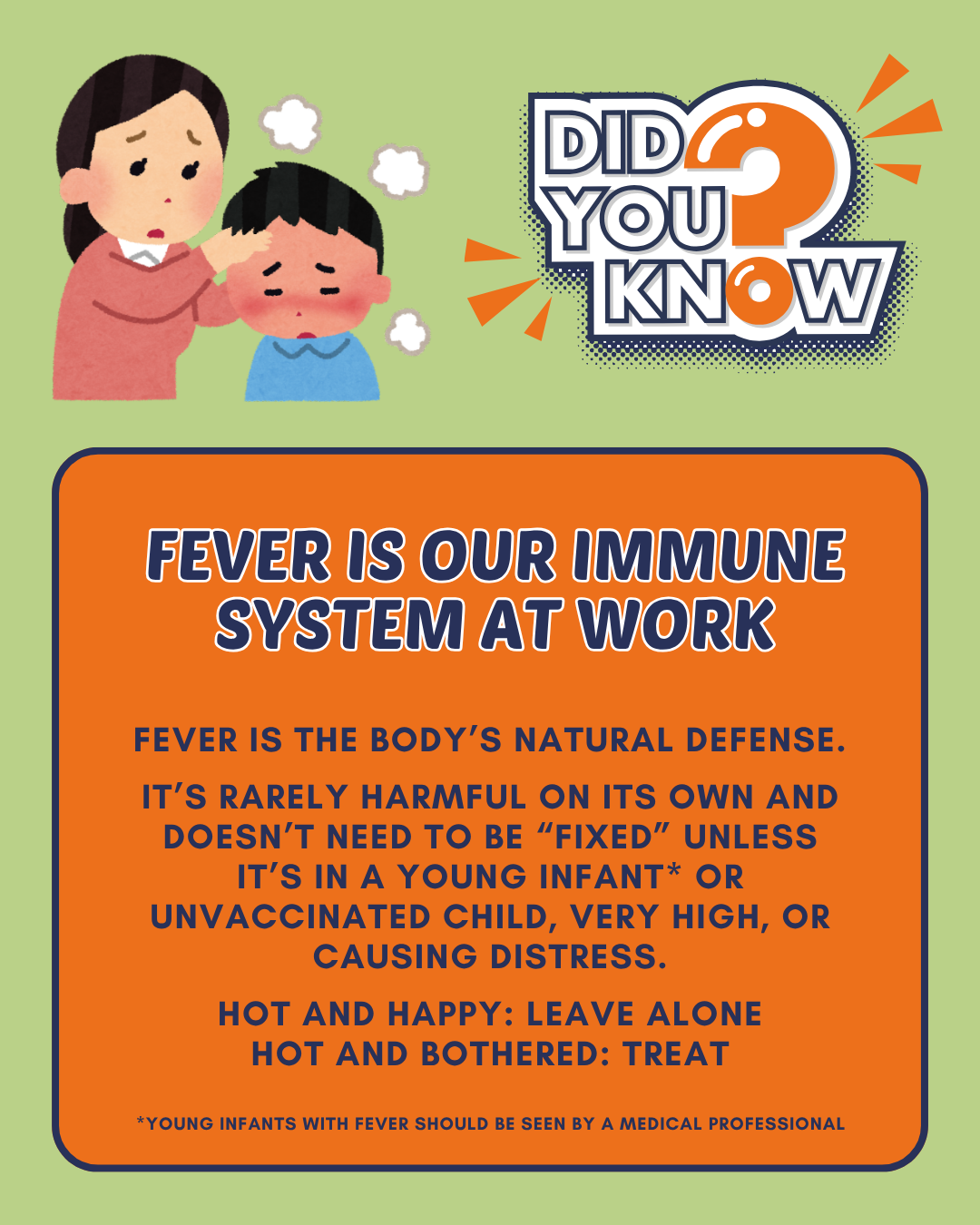 Infographic: “Fever is our immune system at work” with child illustration and orange text box.