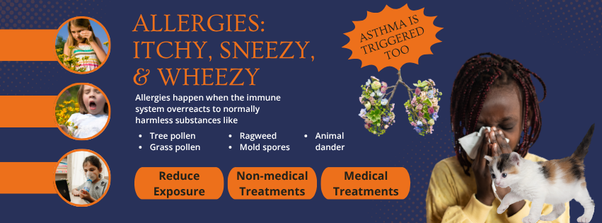 Poster on allergies: “Itchy, sneezy & wheezy?” with child and dog photos, orange info icons, and treatment options.