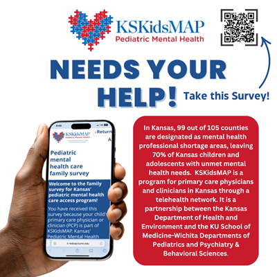 A flyer for the KSKidsMAP survey shows a hand holding a phone, a QR code, and text about Kansas pediatric mental health.