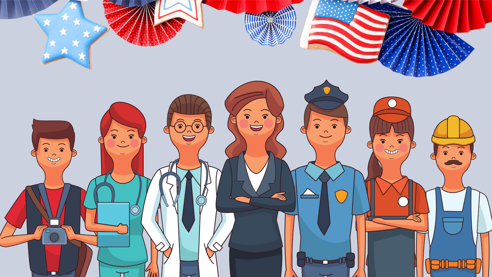 Illustrated group of six professionals in varied uniforms standing under red, white, and blue bunting and stars.