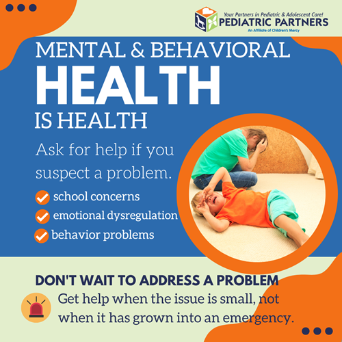 An infographic for Pediatric Partners on mental health, showing a distressed person and a child on the floor.