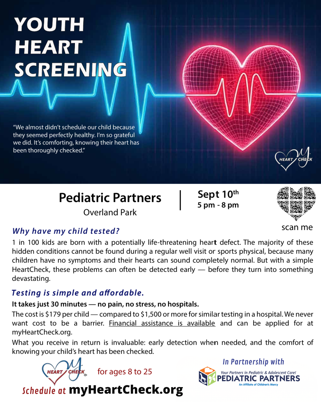 Youth Heart Screening poster with neon ECG line and heart, Pediatric Partners Sept 10, 3pm-8pm. QR code provided and linked in text.