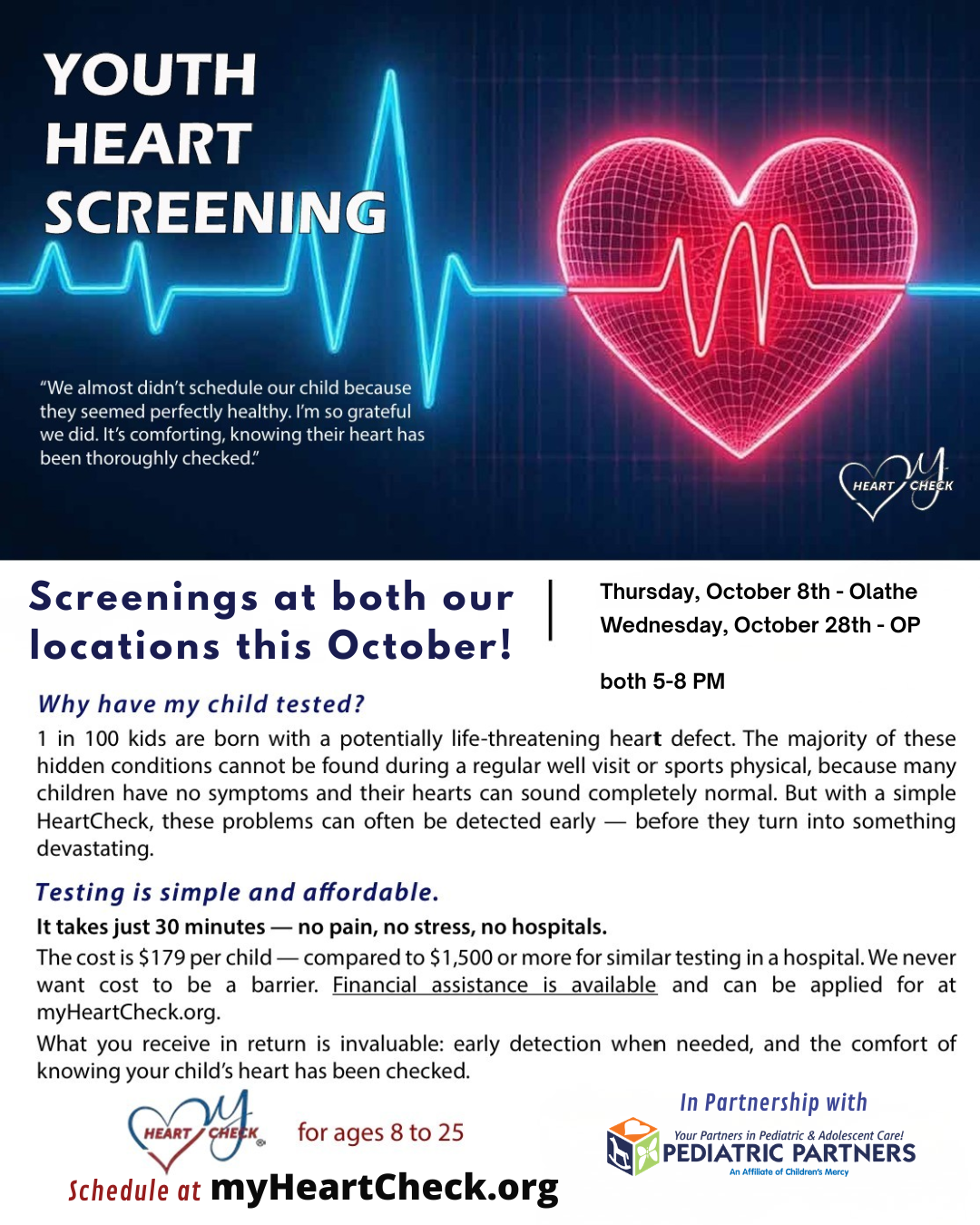 Youth Heart Screening flyer with neon heart and ECG line on dark blue background, plus event details as described in the text.