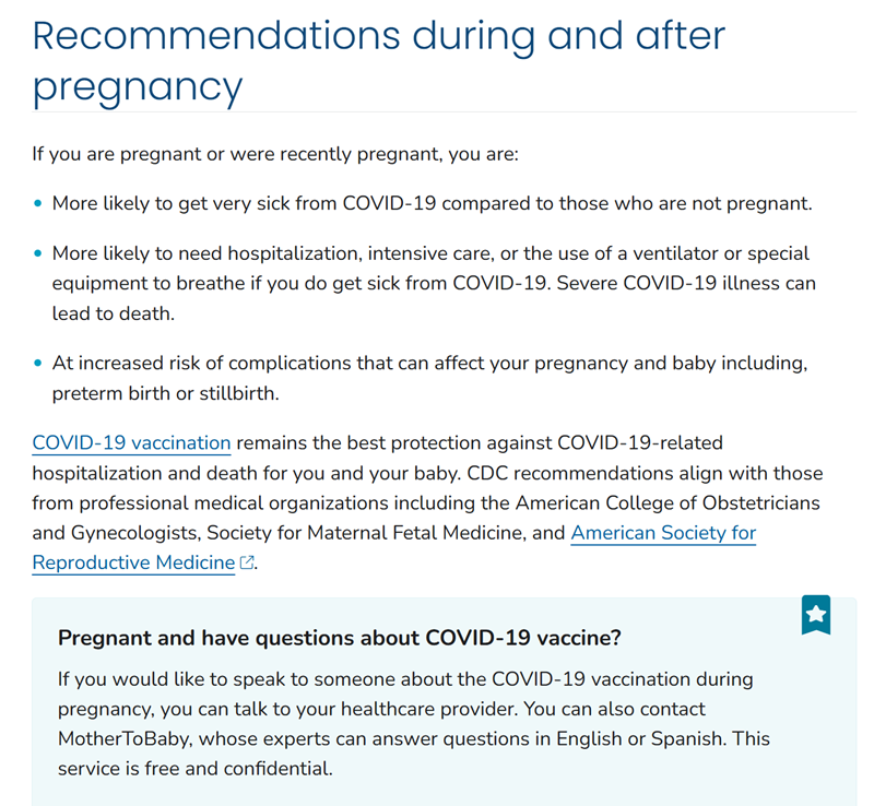 CDC guidance document stating pregnant people are at higher risk for severe COVID-19 and recommending vaccination.