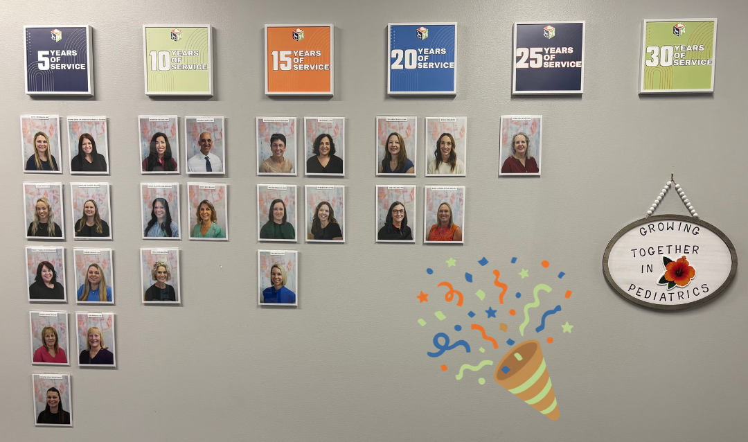 wall of service picture with 5, 10, 15, 20, 25 and 30 year headers with staff headshots under each representing their respective years of service at pediatric partners