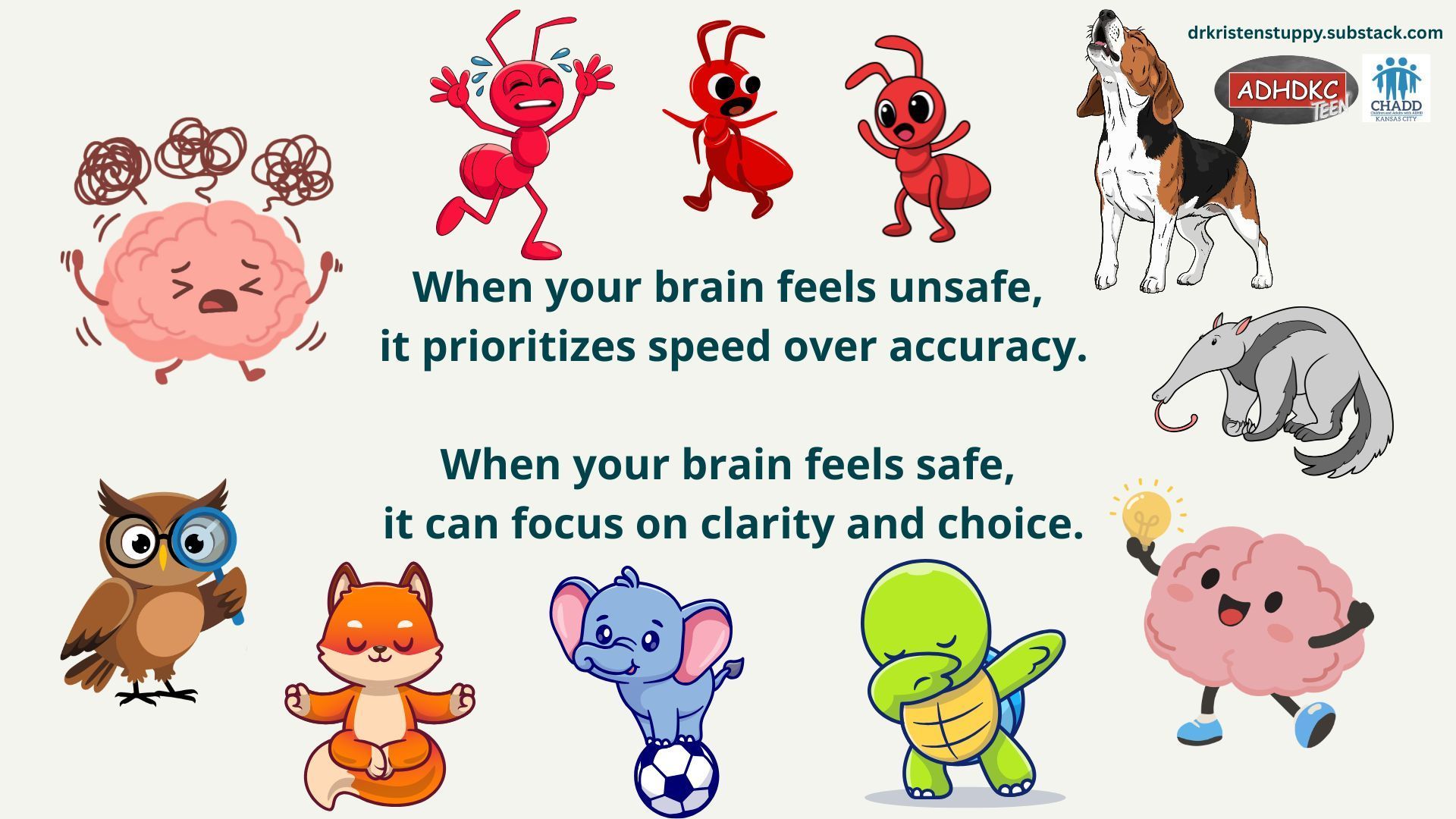 Cartoon brain with worried animals; text says unsafe brain favors speed, safe brain clarity and choice.