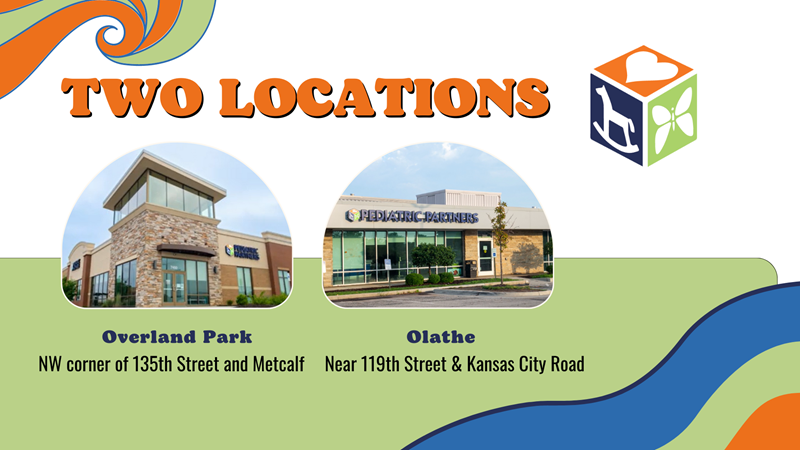 Graphic showing two Pediatric Partners locations: Overland Park (135th & Metcalf) and Olathe (119th & Kansas City Road).